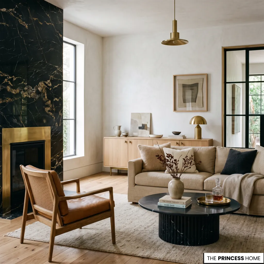 A refined luxury interior highlighting color and psychology through contrasting materials and balanced color context.