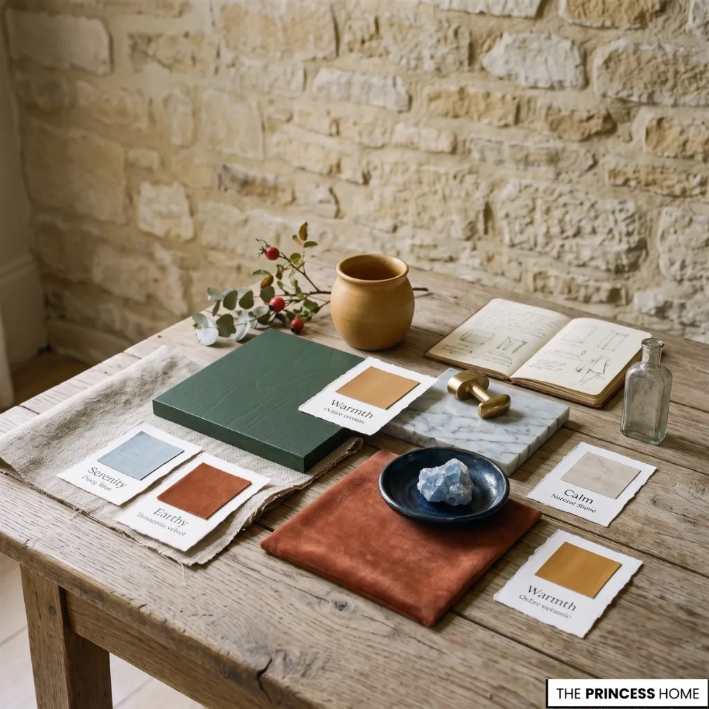 Color and psychology displayed through luxury material samples and harmonious color palettes.