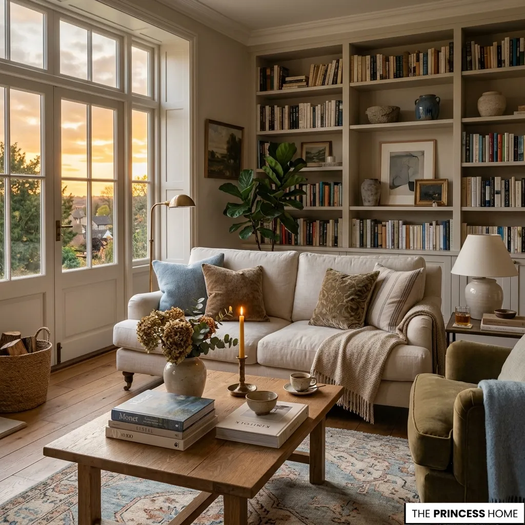 A warm luxury living room reflects color and psychology through layered textures and harmonious color relationships.