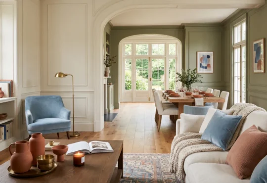 A luxury contemporary interior illustrating color and psychology through harmonious blue, green, terracotta, and neutral tones.