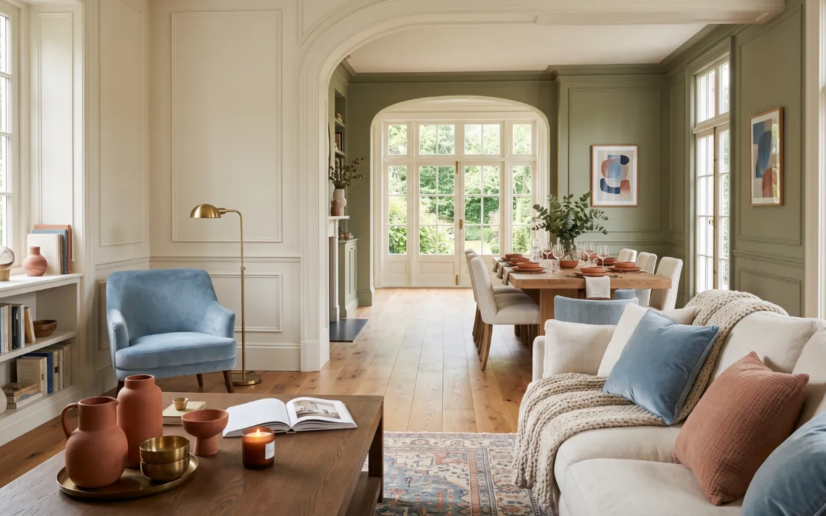 A luxury contemporary interior illustrating color and psychology through harmonious blue, green, terracotta, and neutral tones.