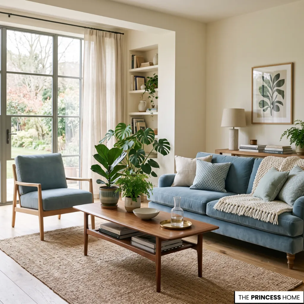 A calming living room demonstrates color and psychology through balanced blue, green, and neutral interiors.