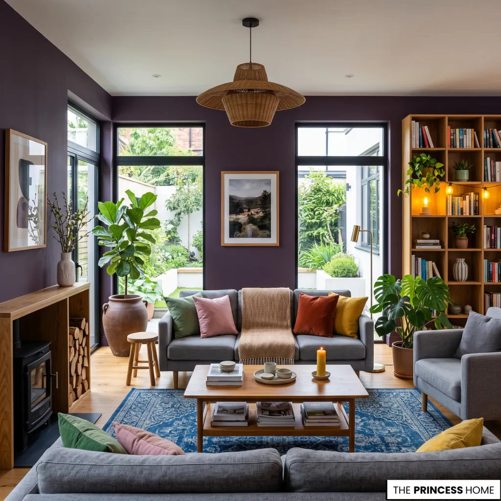 A luxury interior featuring emerald, charcoal, plum, and warm accent colors, illustrating how color and psychology influence mood through light, materials, and furniture composition.