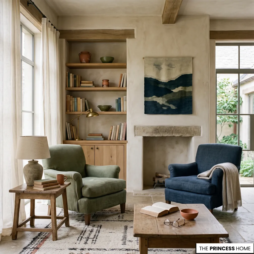 A thoughtfully designed interior showing layered colors, natural materials, and soft daylight to illustrate color and psychology research in everyday environments.