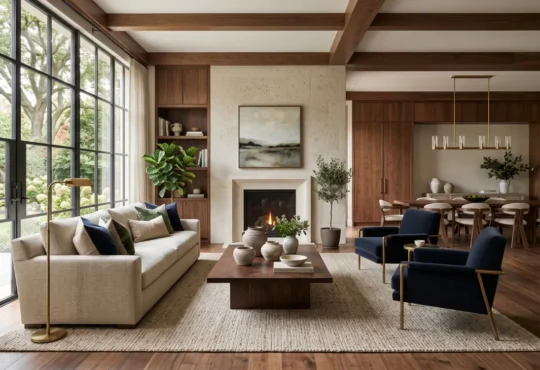 Luxury living room showcasing contemporary color trends with layered natural materials, warm neutrals, rich accent colors, and abundant daylight.