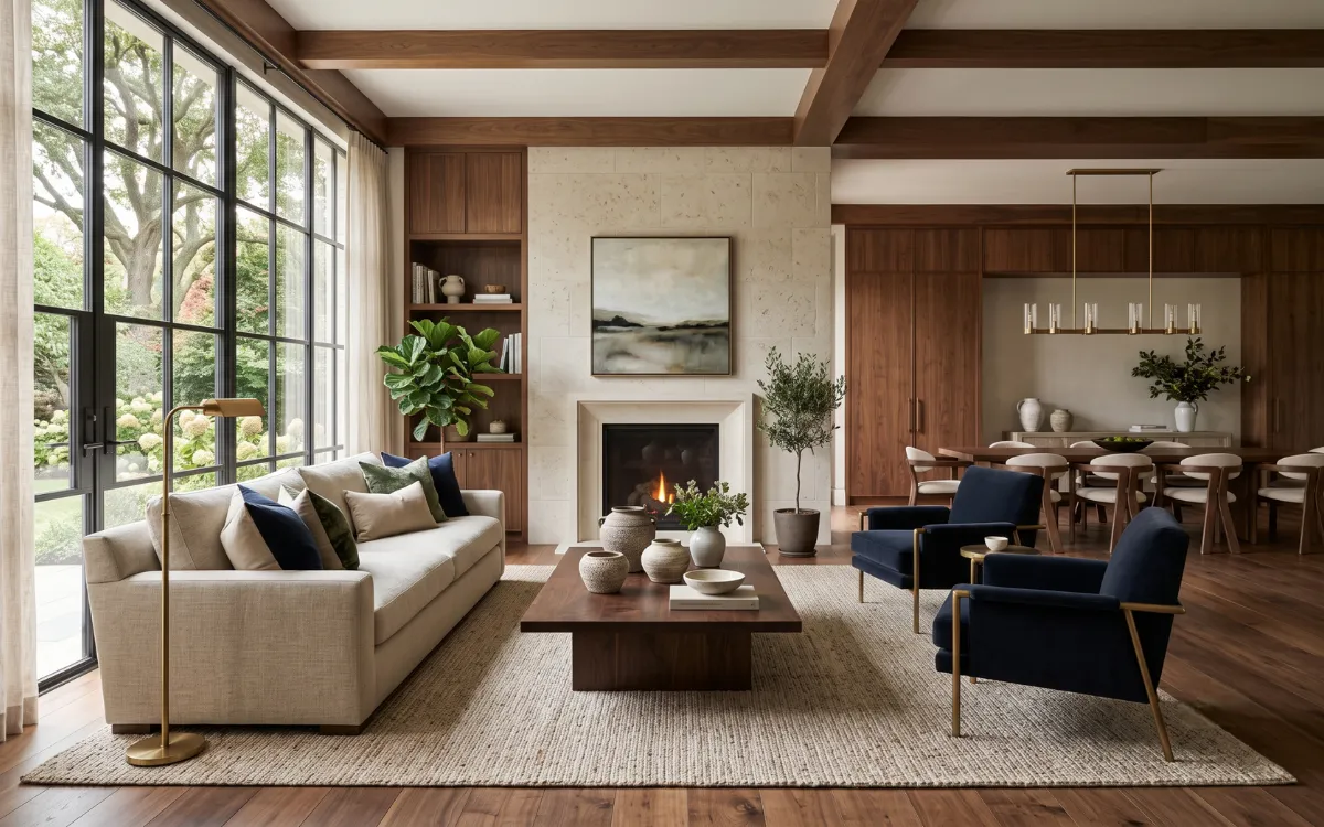 Luxury living room showcasing contemporary color trends with layered natural materials, warm neutrals, rich accent colors, and abundant daylight.