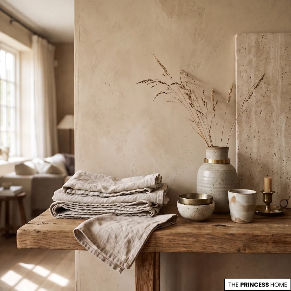 Interior close-up showing color trends through linen, wood, stone, ceramic, and brushed metal textures.