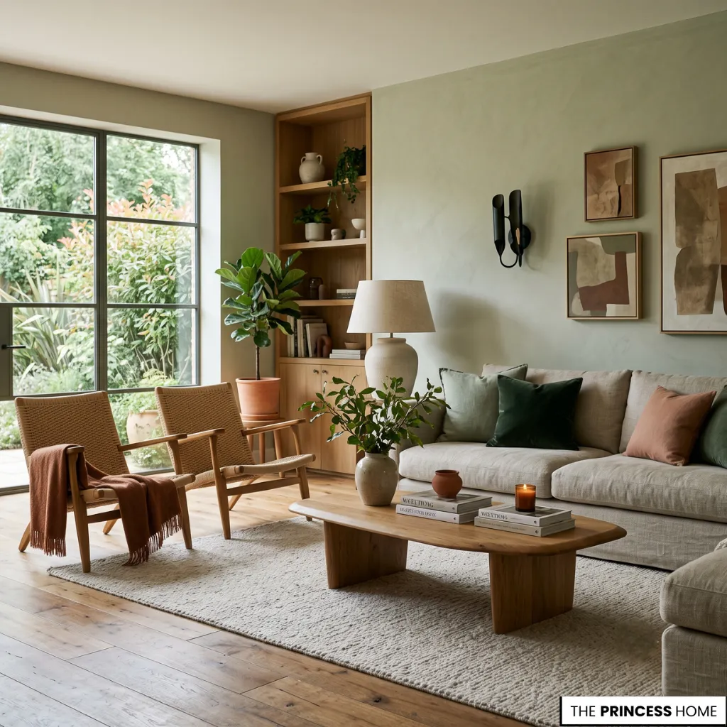Modern living room illustrating evolving color trends with earthy greens, terracotta accents, and natural light.