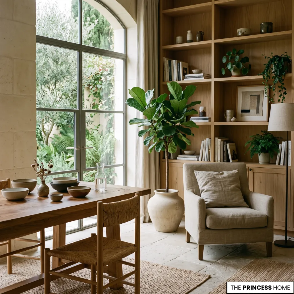 Nature-inspired interior featuring color trends with botanical greens, stone, linen, and natural wood finishes.