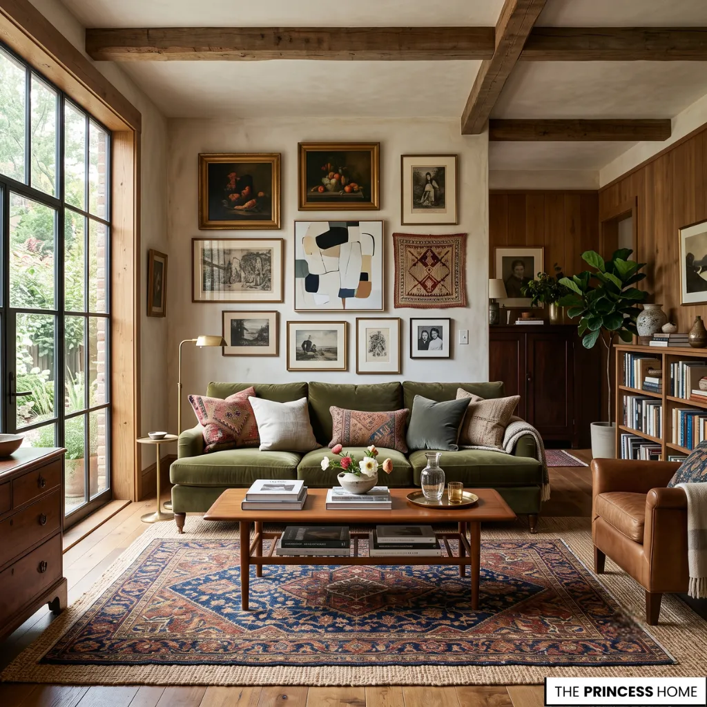 Elegant home expressing personal color trends through layered furnishings, artwork, and timeless materials.