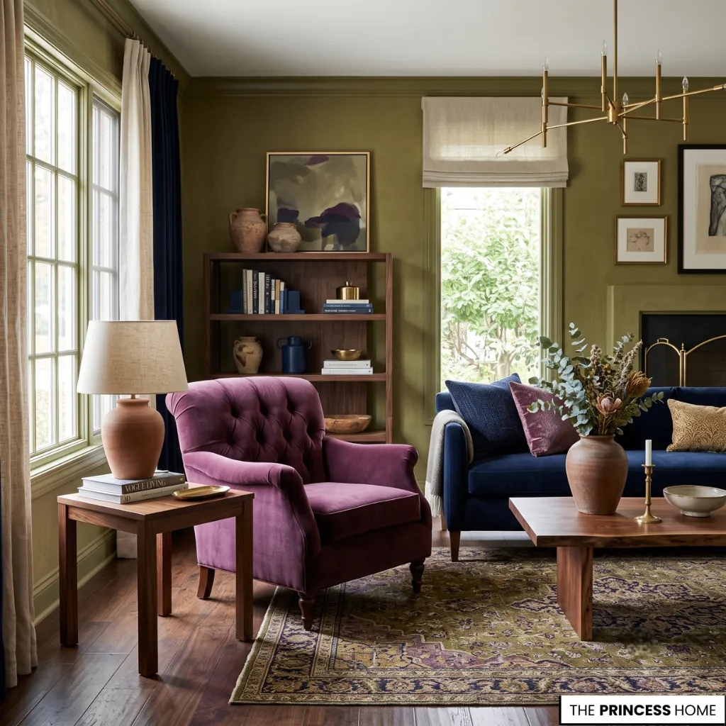 Elegant interior displaying color trends with olive, plum, navy, and clay paint colors.