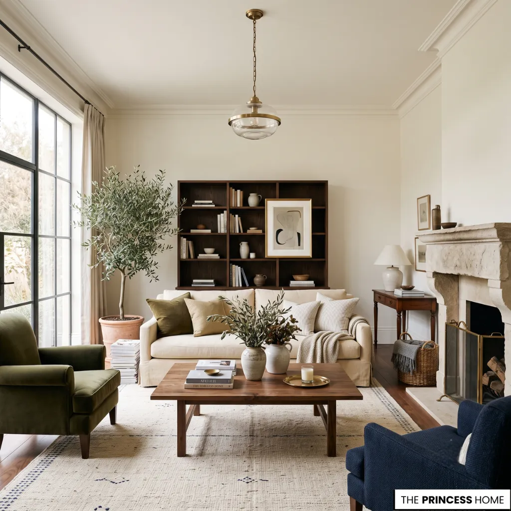 A sophisticated living room showcasing timeless color trends with warm neutrals, deep accent tones, natural materials, and elegant contemporary styling.