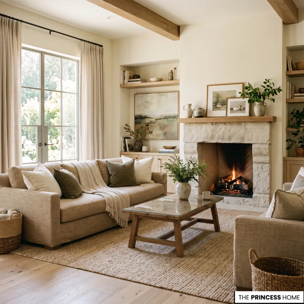 Warm neutral interior featuring creamy whites, beige tones, natural wood, and layered textures inspired by color trends.