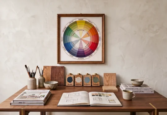 Traditional color wheel displayed in a refined interior design studio with paint samples, natural materials, and soft daylight.