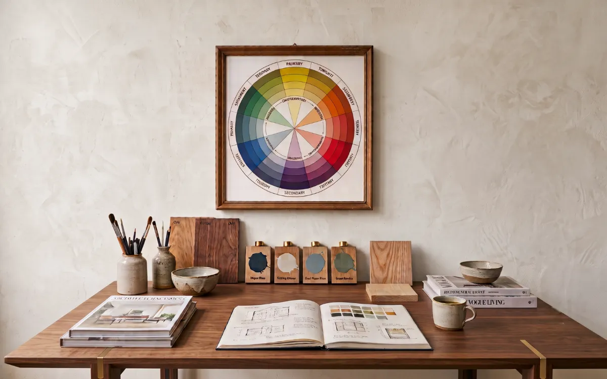 Traditional color wheel displayed in a refined interior design studio with paint samples, natural materials, and soft daylight.
