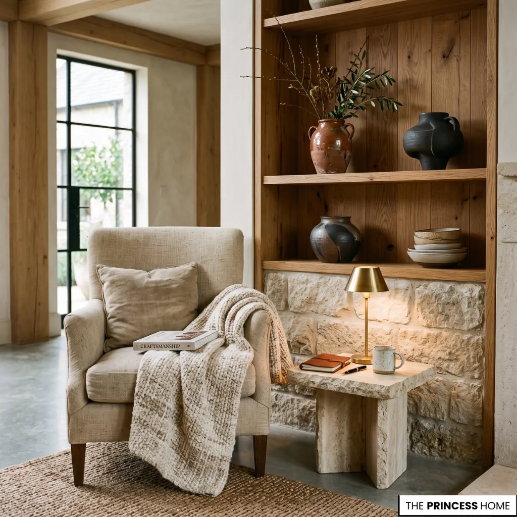 Layered interior materials and architectural details reflecting the creative skills developed in an interior design course.