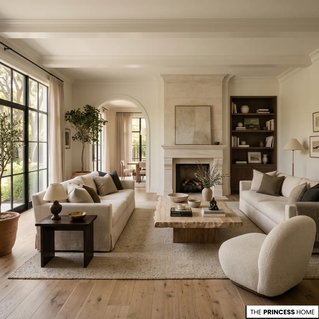 A refined living room demonstrating the fundamental principles of an interior design course through proportion, balance, and natural light.