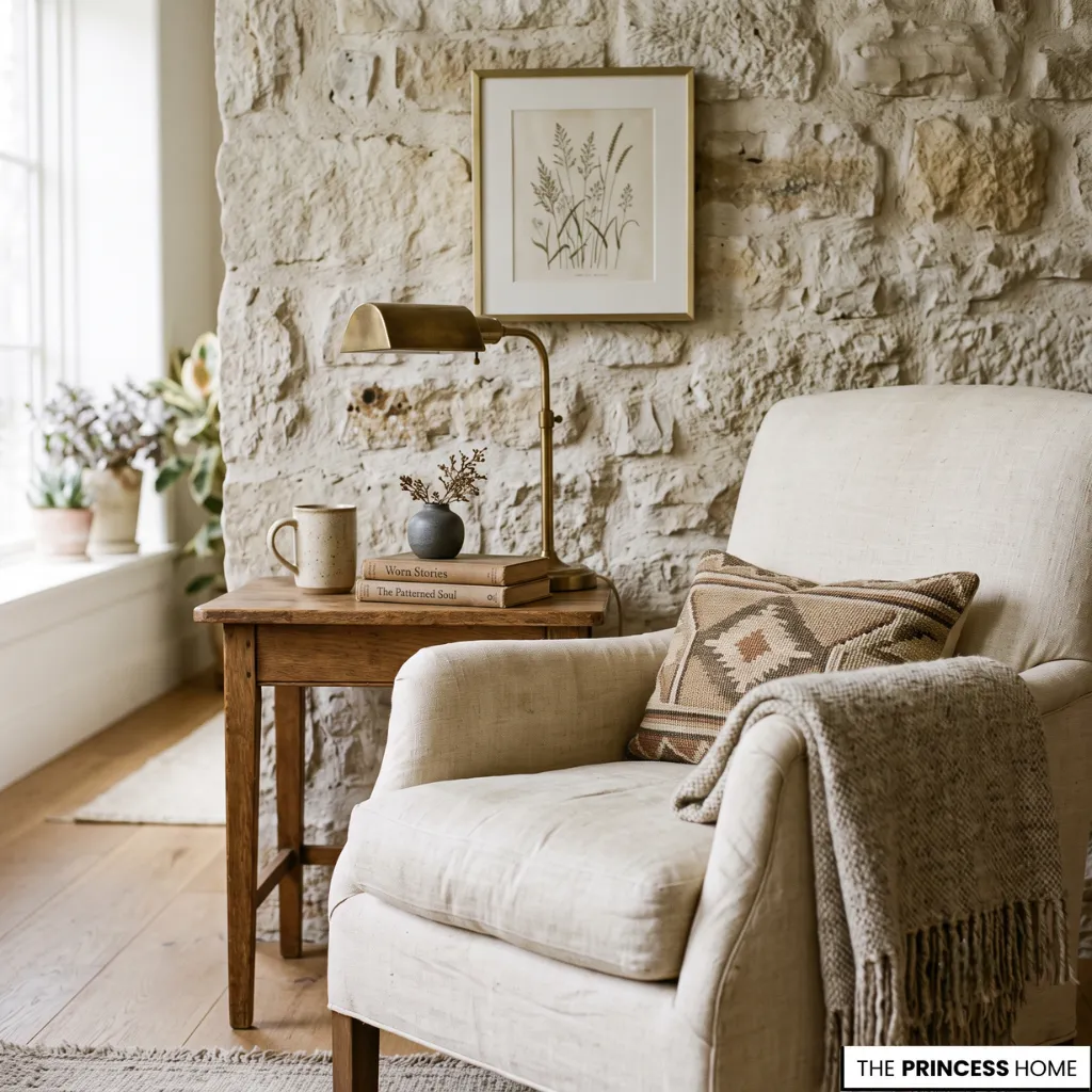 Natural wood, stone, linen, and coordinated finishes demonstrating color harmony in an interior design course.