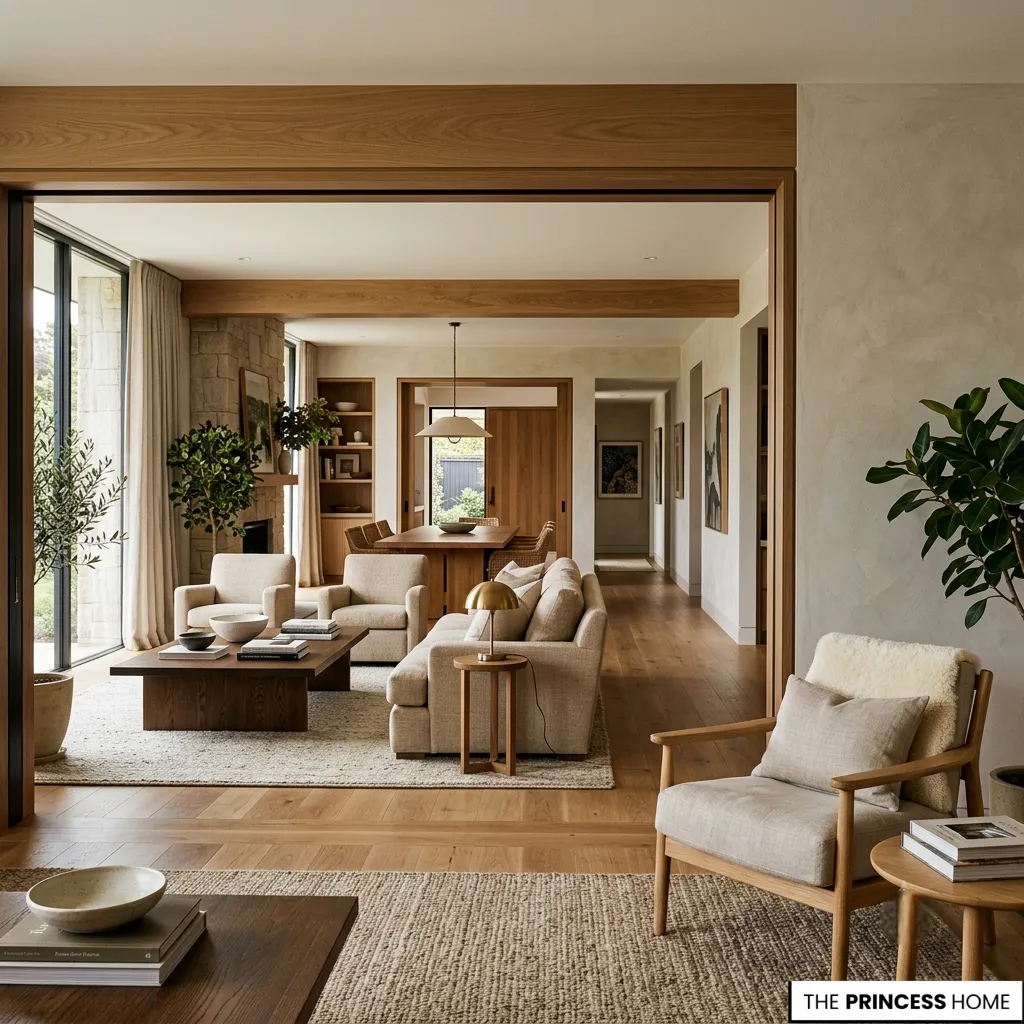 A thoughtfully arranged residential interior showing furniture layout and circulation principles from an interior design course.