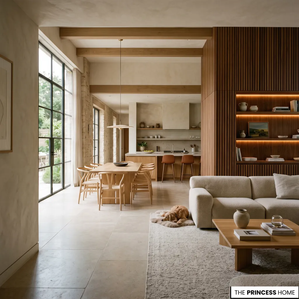 An open-plan luxury interior illustrating space planning concepts from an interior design course with balanced circulation and furniture placement.