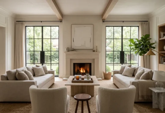 A timeless luxury living room illustrating the principles taught in an interior design course through balanced furniture, natural light, and refined materials.