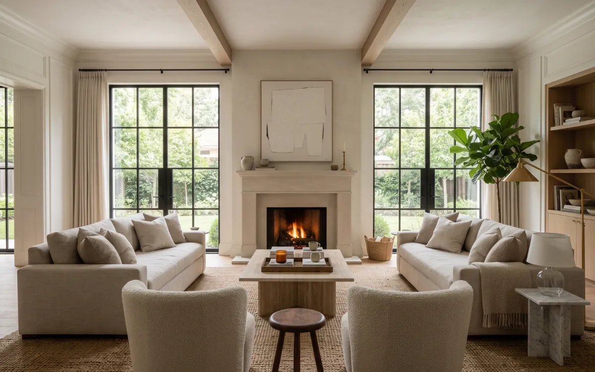 A timeless luxury living room illustrating the principles taught in an interior design course through balanced furniture, natural light, and refined materials.