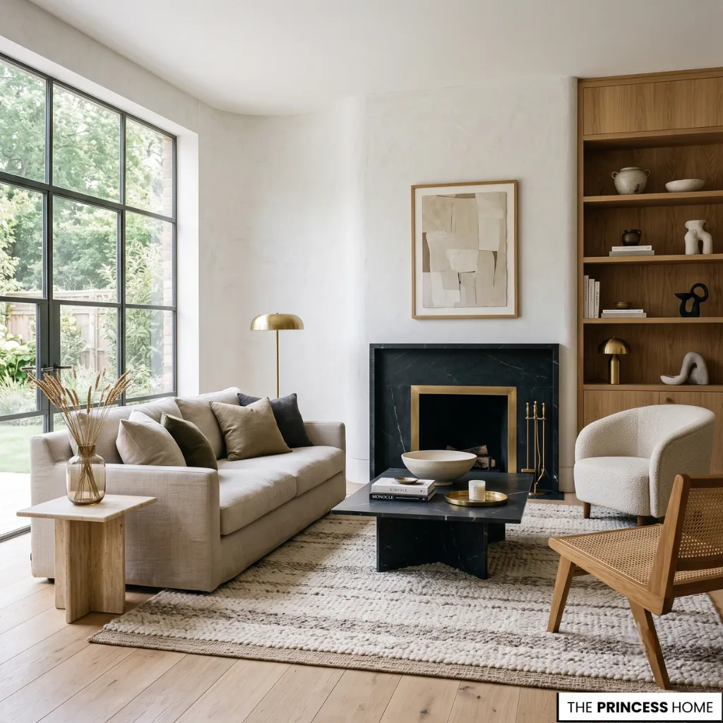 Neutral living room with a beige sofa, black marble fireplace, wooden bookcase, boucle armchair, and large window.