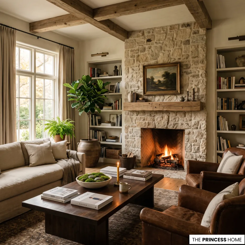 Rustic living room with stone fireplace, exposed wood beams, built-in shelves, and cozy seating.