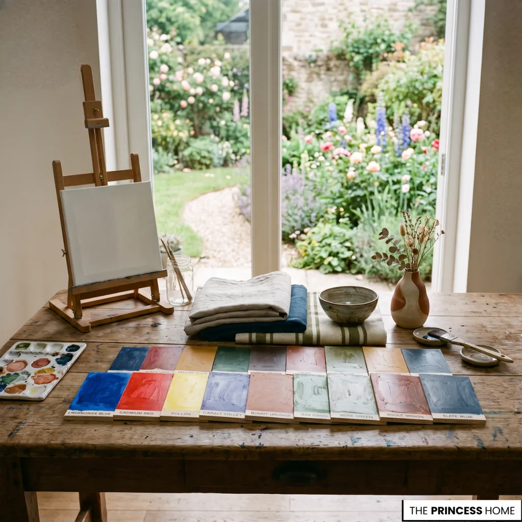Secondary and tertiary colors displayed through elegant paint samples inspired by the color wheel.