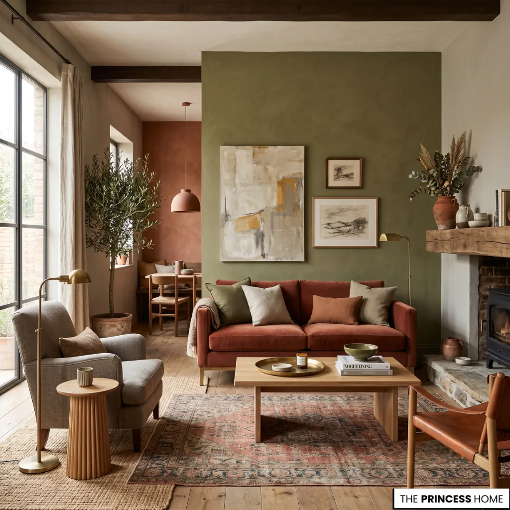 Elegant accent walls featuring earthy green and terracotta tones with layered natural materials.