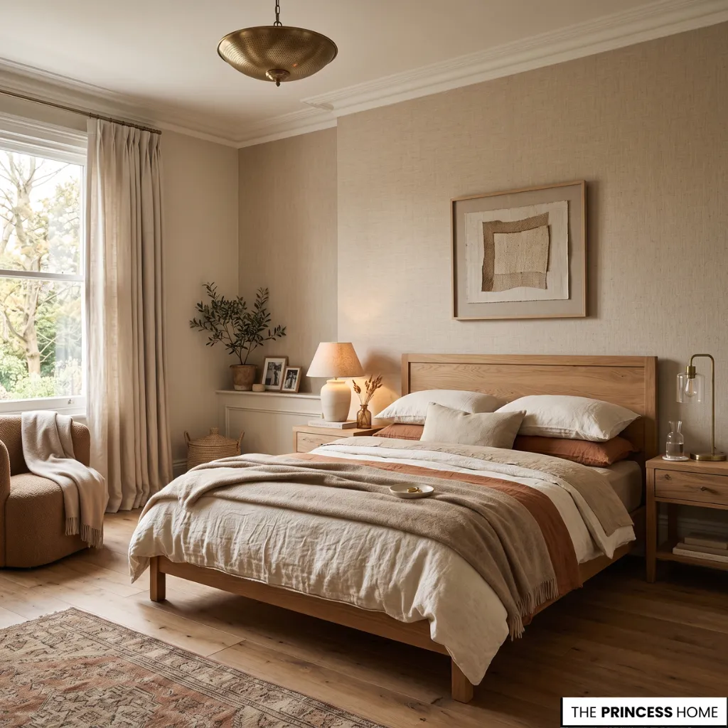 Serene bedroom with refined accent walls, layered textures, and timeless interior styling.