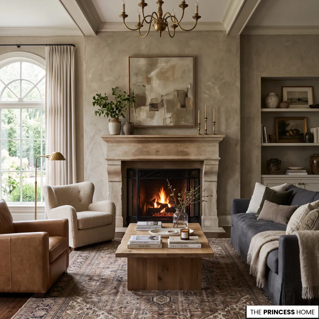 Elegant fireplace framed by sophisticated accent walls with balanced furniture arrangement.