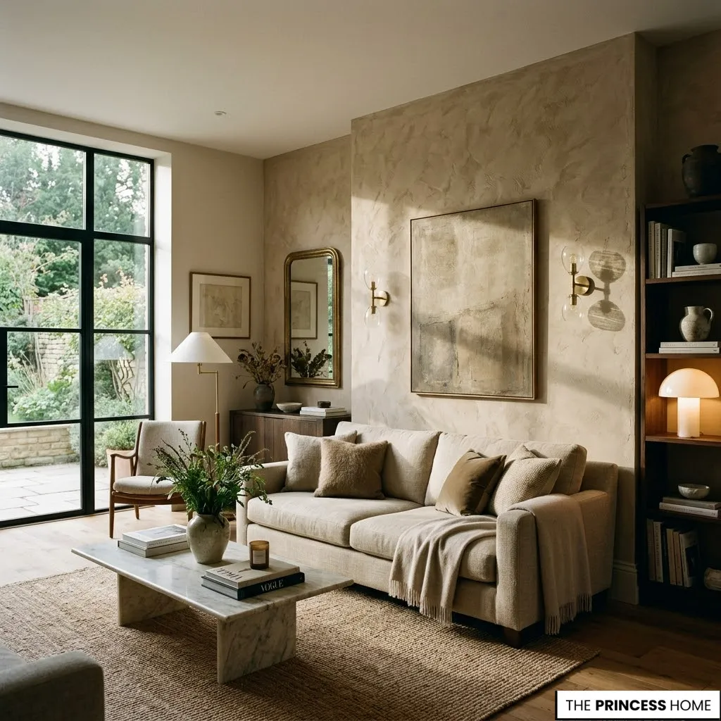 Modern accent walls illuminated by soft natural daylight and layered evening lighting.
