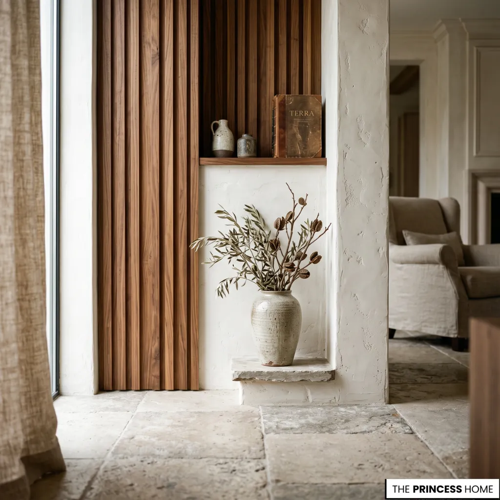 Luxury accent walls combining wood paneling, plaster finishes, and natural stone textures.