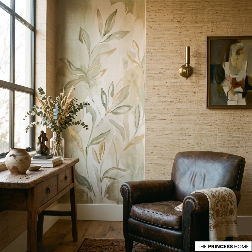 Elegant wallpaper used on accent walls with woven textures and refined natural finishes.