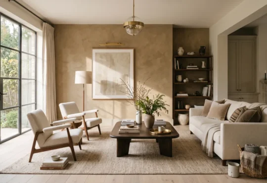 Luxury living room featuring elegant accent walls with layered textures, natural light, refined furnishings, and timeless architectural details.