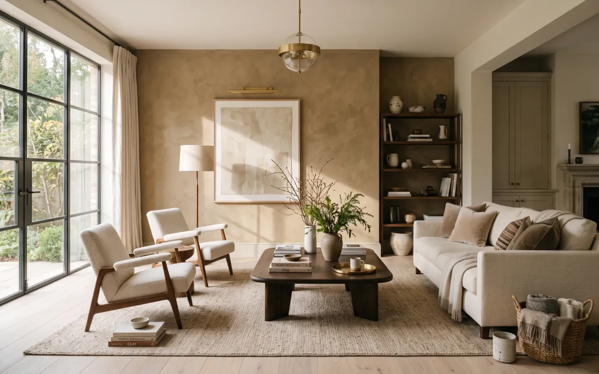 Luxury living room featuring elegant accent walls with layered textures, natural light, refined furnishings, and timeless architectural details.
