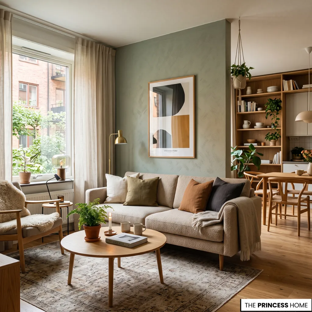 Compact apartment featuring thoughtfully designed accent walls that create depth and visual balance.