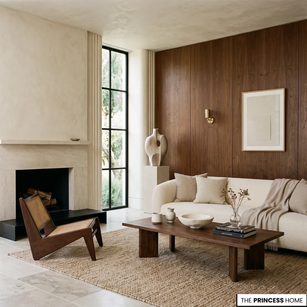 Contemporary home featuring minimalist accent walls with natural materials and refined proportions.
