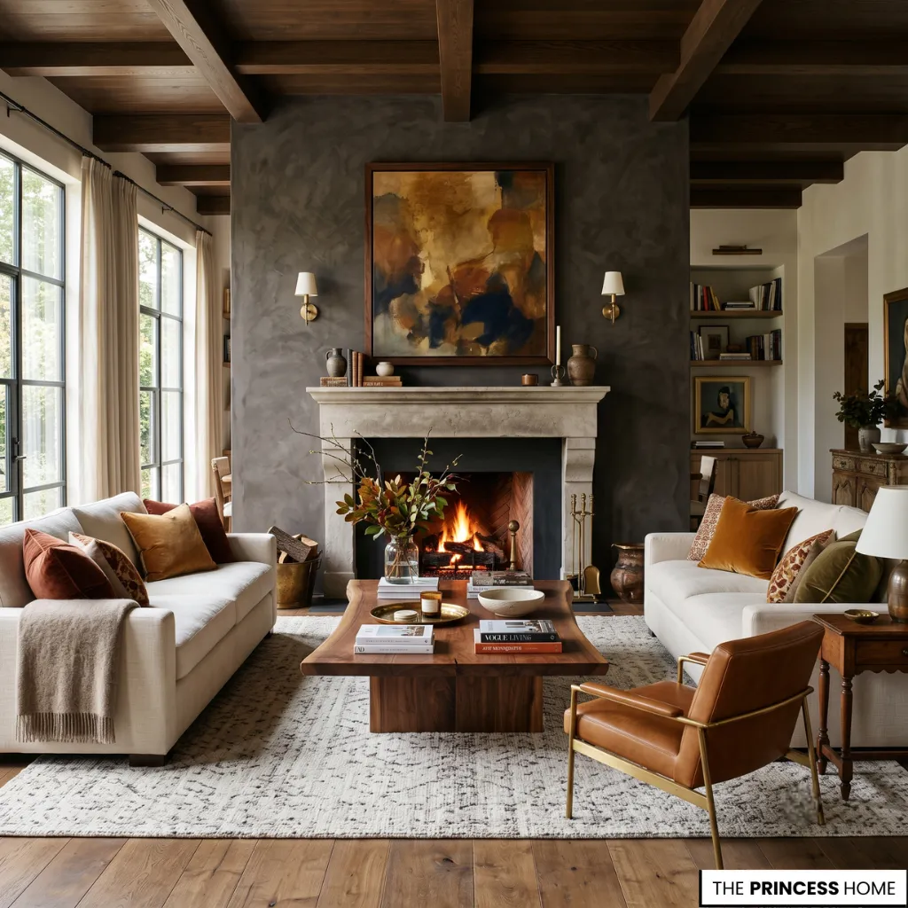Modern living room with stone fireplace, dark accent wall, wood beams, and warm neutral furniture.