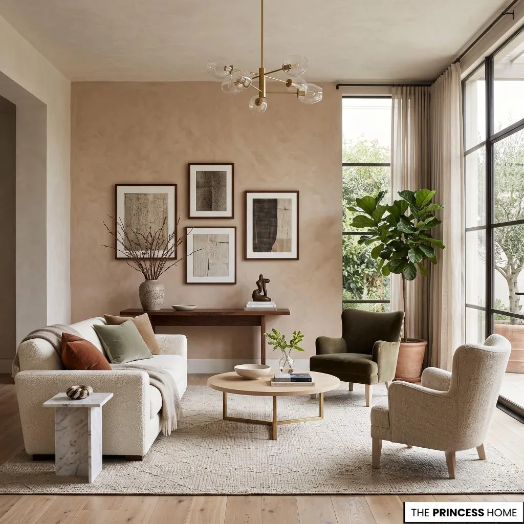 Modern neutral living room with earth-tone walls, boucle sofa, abstract art, and large windows.