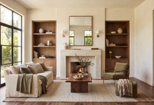 Luxury interior demonstrating balanced Color Choices through warm neutrals, natural materials, layered textures, and soft daylight.