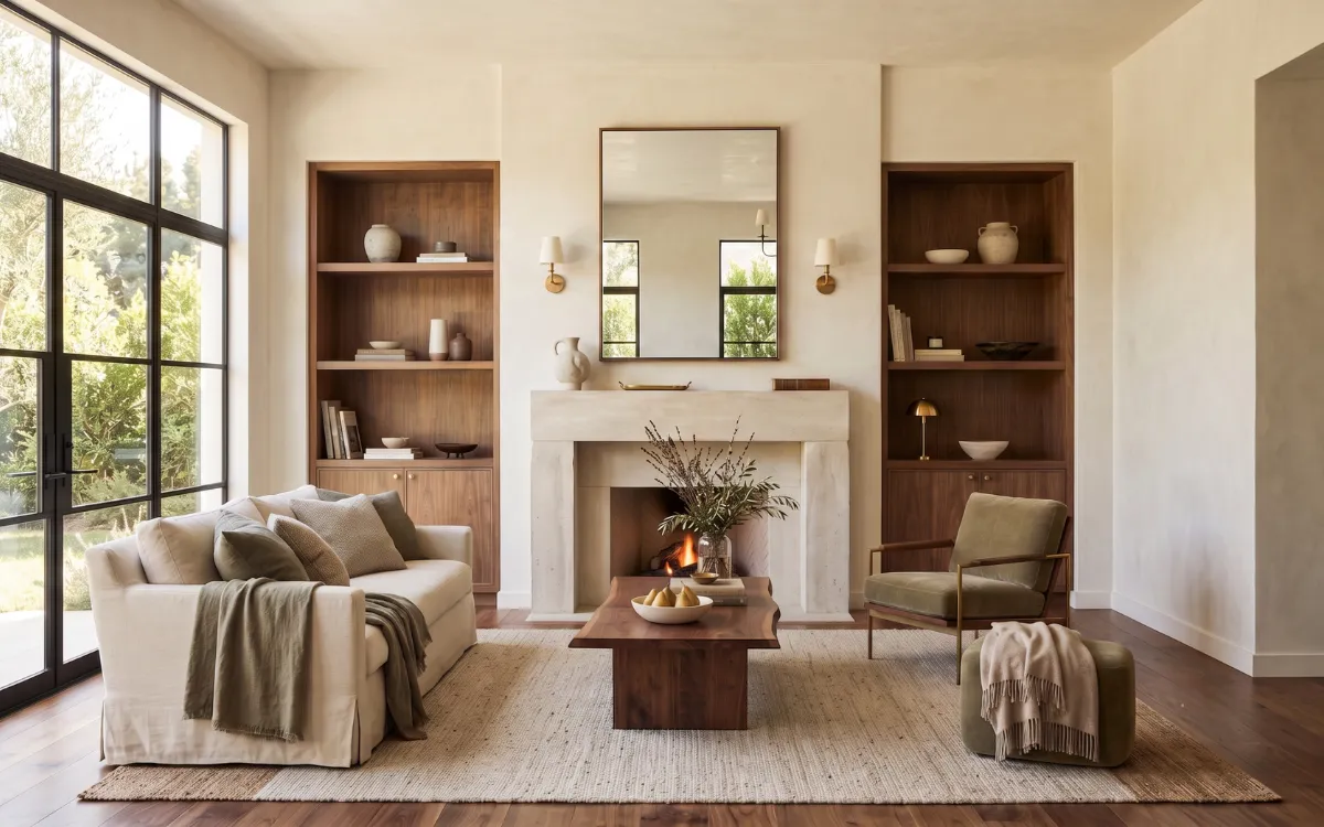 Luxury interior demonstrating balanced Color Choices through warm neutrals, natural materials, layered textures, and soft daylight.