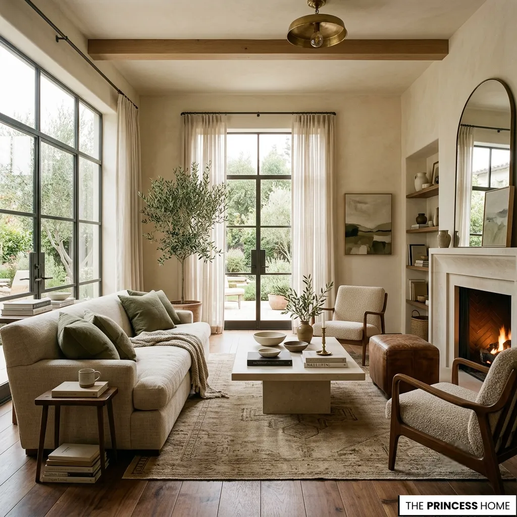 Balanced Color Choices connecting walls, flooring, furniture, and natural materials in a timeless interior.