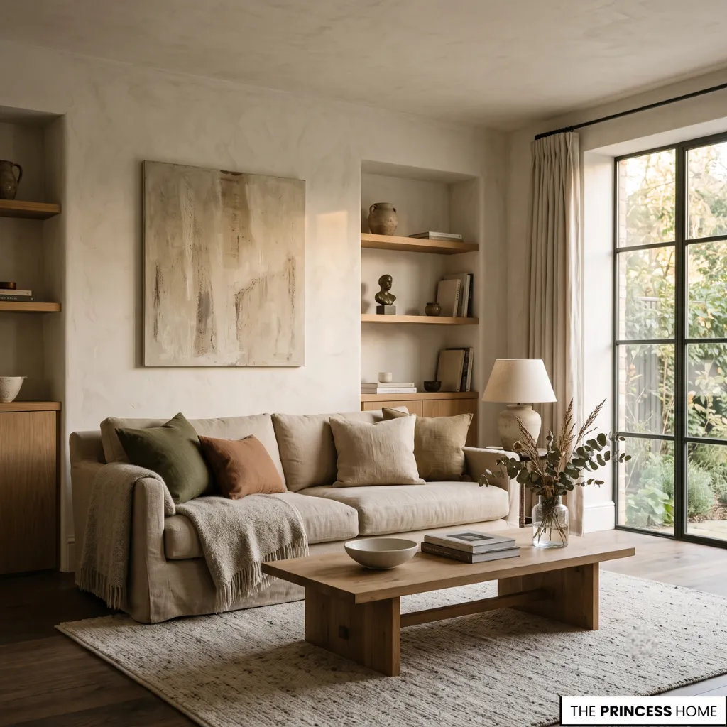 Warm neutral minimalist living room with a beige sofa, natural wood coffee table, and large black framed windows.