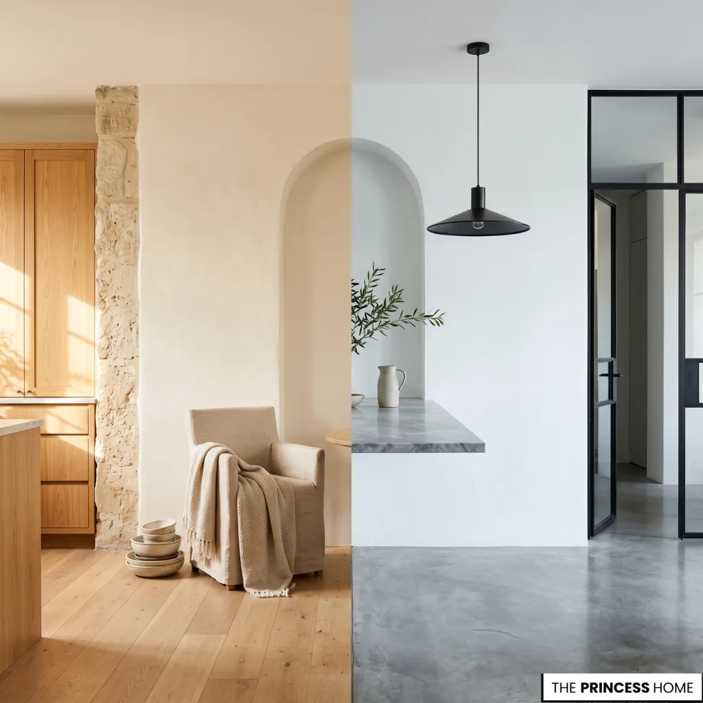 Split view comparing warm natural minimalist interior with modern monochrome minimalist home design.