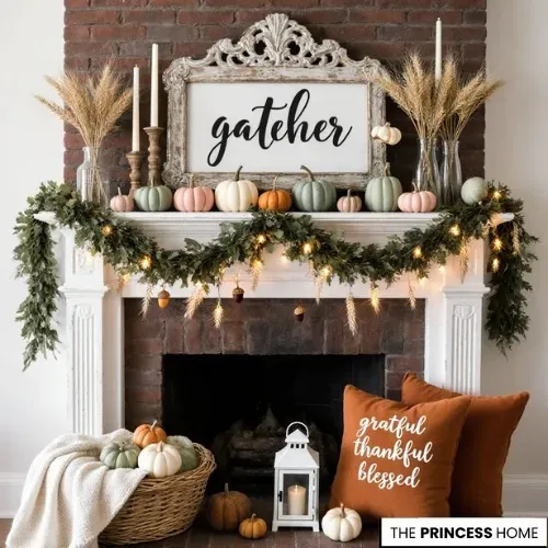 Pastel Pumpkin Fall Fireplace Decor
