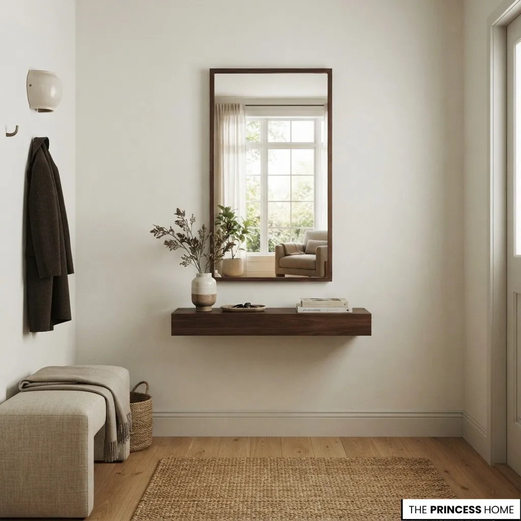 Shallow floating shelf displaying a ceramic vessel in a compact entryway