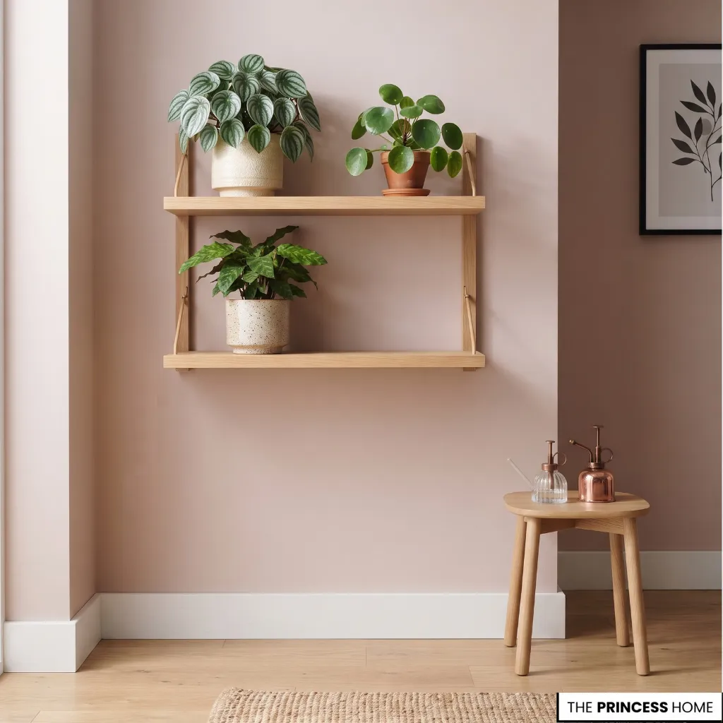 Compact potted plants arranged on a wall shelf above a clear floor area.