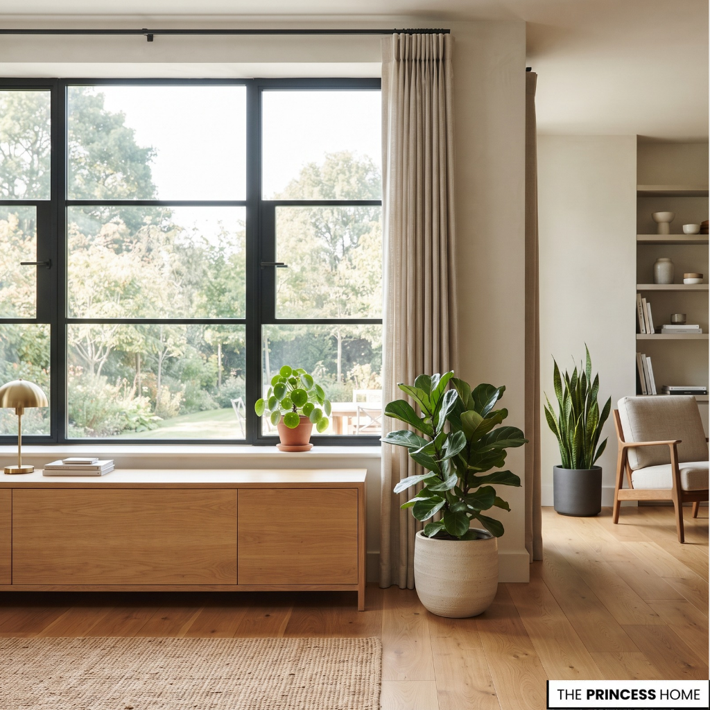 Indoor plants positioned at different distances from a bright window.